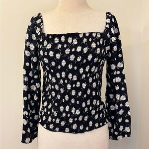 JDY ASOS Black and White Daisy Crop Top Smocked Blouse Floral Off Shoulder